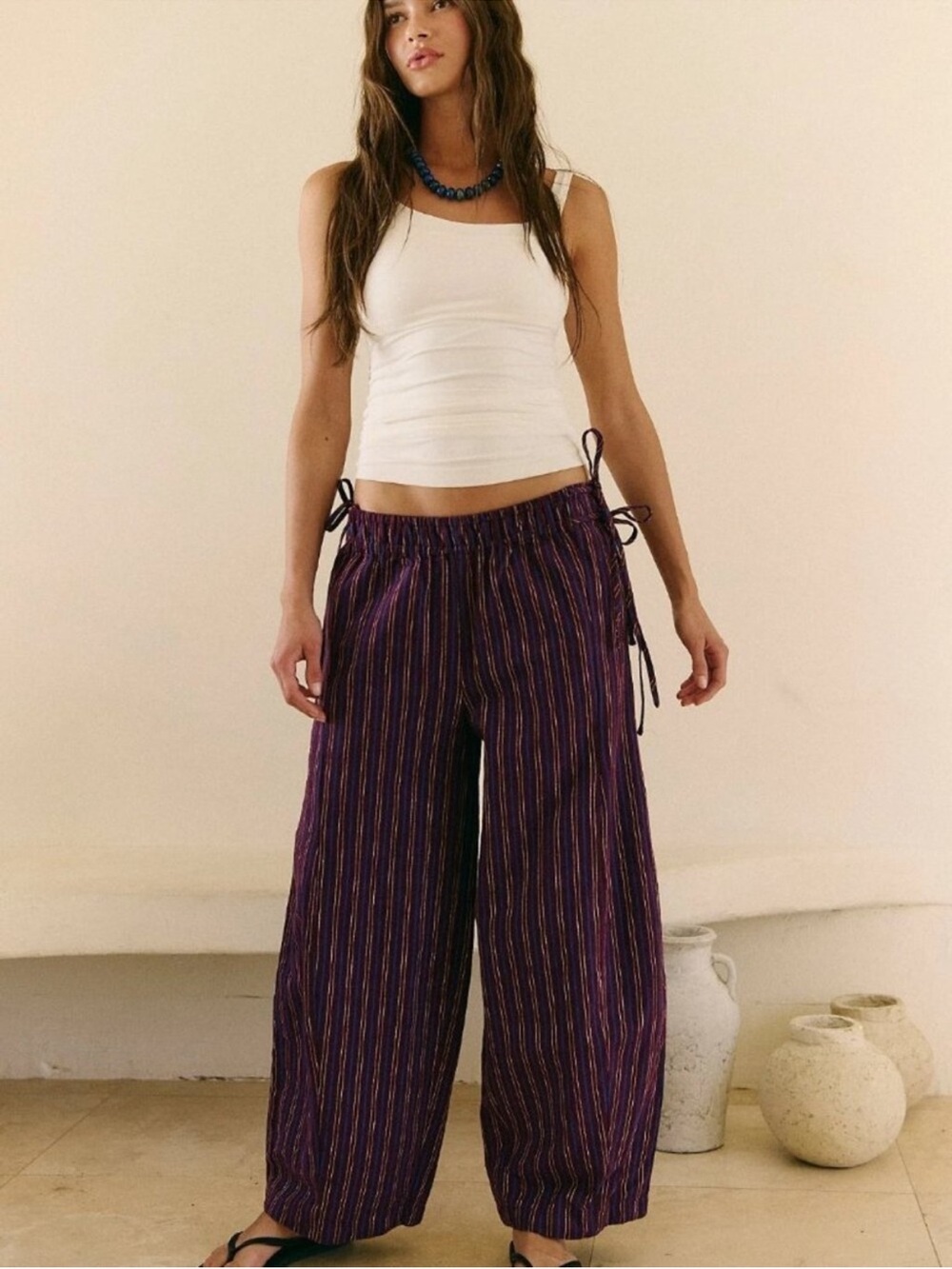 Free People Purple Multistripe Wide-Leg Drawstring Pants